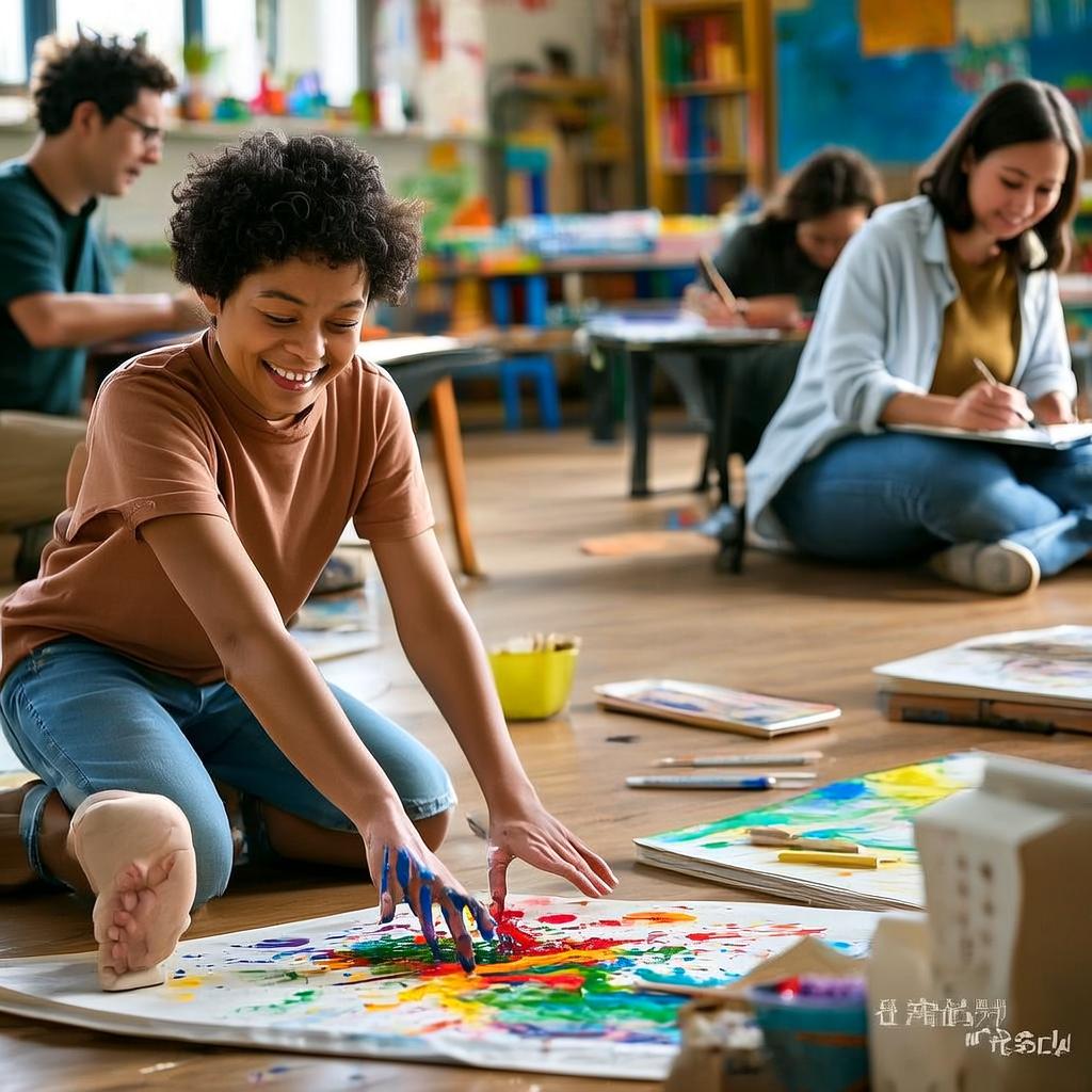 Neurodivergent Artistic Expression: Seeing the World Differently 7 A diverse and inclusive art workshop where people are joyfully engaged in different creative activities, fostering community.