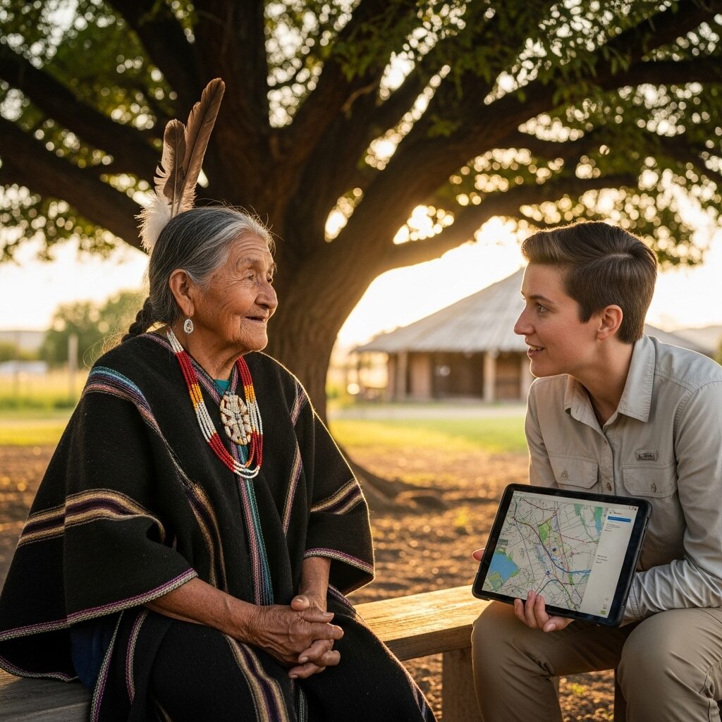 An indigenous elder sharing a story with a young researcher who is respectfully recording it on a tablet, symbolising the ethical collaboration at the heart of AI cultural preservation.