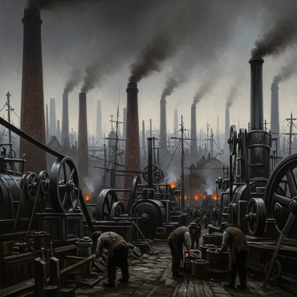 A dark, atmospheric painting depicting a factory scene from the Industrial Revolution. 