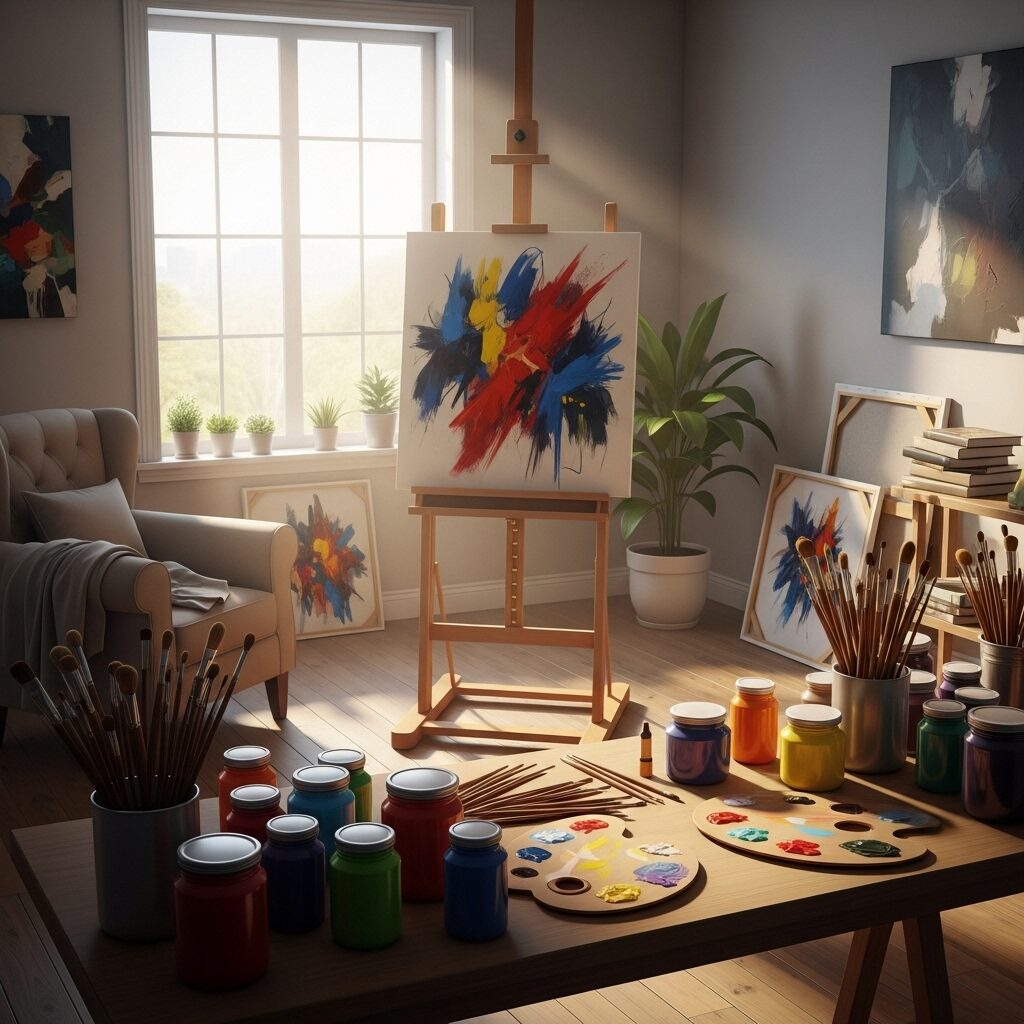 A bright and organized art studio with an easel and art supplies, representing the start of an artistic journey.
