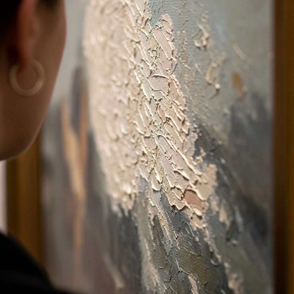 The Ultimate Guide to Art Gallery Etiquette for Beginners 4 A clear visual example of art gallery etiquette: maintaining a safe distance from a detailed oil painting to protect its surface.