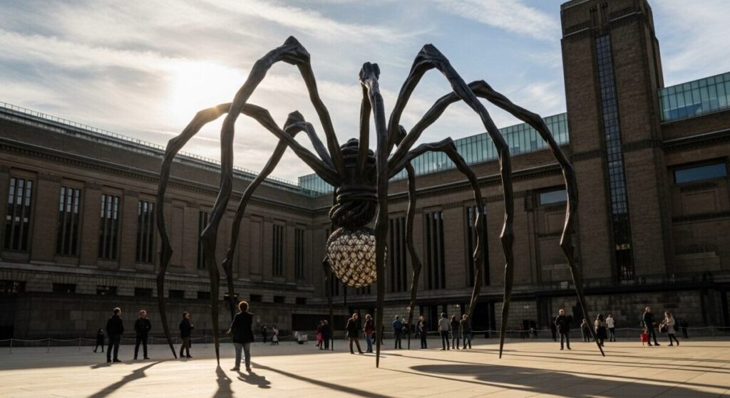Louise Bourgeois's large-scale sculpture Maman, a bronze spider with an egg sac, presented in an open outdoor exhibition space.