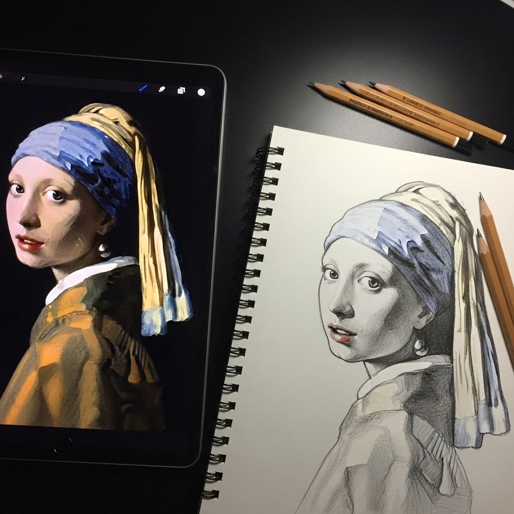 Strategic Creativity: A Guide to Art Challenges for Specific Goals 5 An artist's desk showing a master study in a sketchbook, recreating Vermeer's 'Girl with a Pearl Earring' from a tablet display.