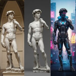 Reimagining Classic Sculptures: The Ultimate Guide to Redefining 3D Art in the Modern Age 1 michelangelo david reimagined three panel classic to cyberpunk