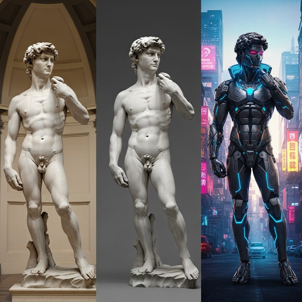 Reimagining Classic Sculptures: The Ultimate Guide to Redefining 3D Art in the Modern Age 3 Reimagining Classic Sculptures: Three-panel image showing Michelangelo’s David reimagined, from the original Renaissance marble statue to a photorealistic 3D render to a futuristic cyberpunk warrior with neon accents.