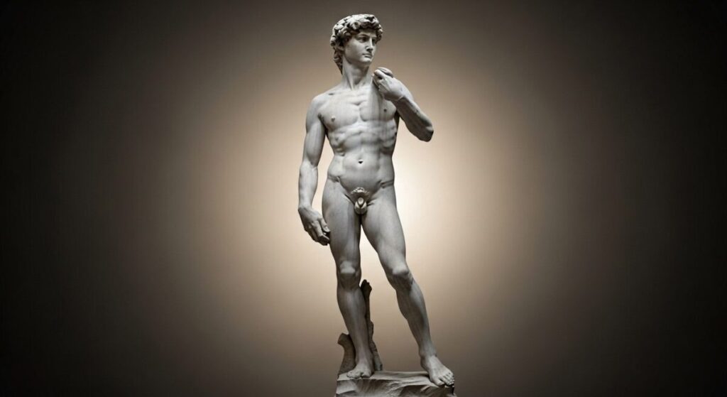 Famous sculpture artists: Michelangelo's famous marble statue of David, a masterpiece of Renaissance sculpture, showing a youthful male figure in a classical pose
