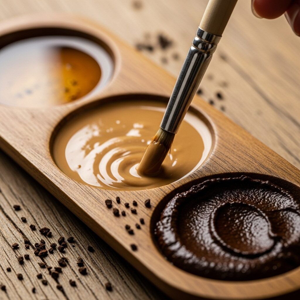A close-up shot of an artist's hand mixing different shades of coffee paint in a white ceramic palette, showing the range of tones from light tan to dark brown.