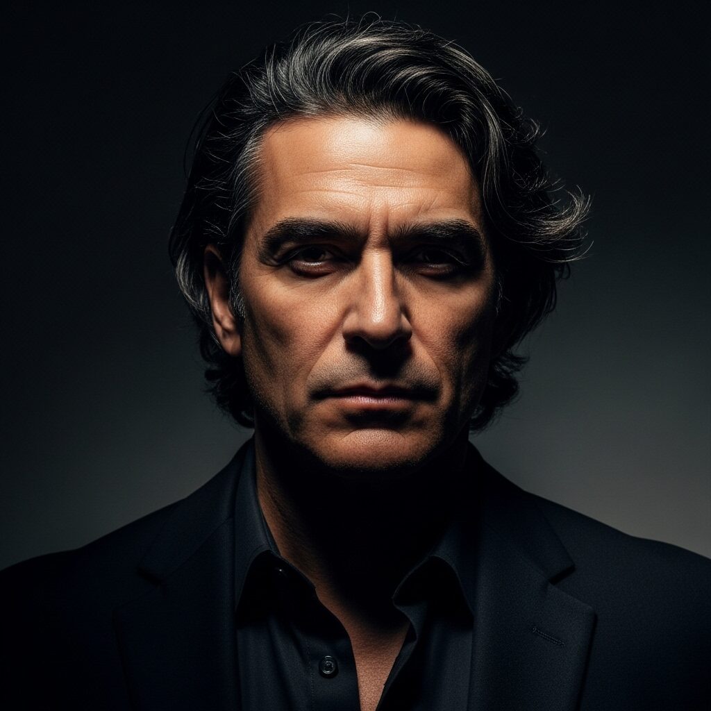 Modern portrait photography demonstrating tenebrism technique with dramatic lighting against dark background 