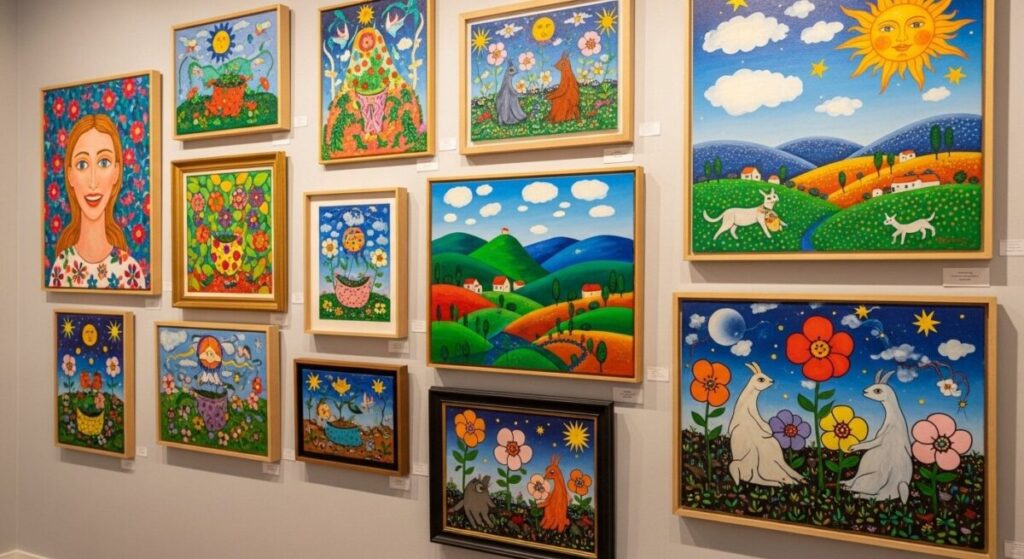 What is Naive Art? A Journey into the Heart of Untrained Brilliance 6 A gallery wall displaying a variety of colorful and charming Naive Art paintings by different artists.