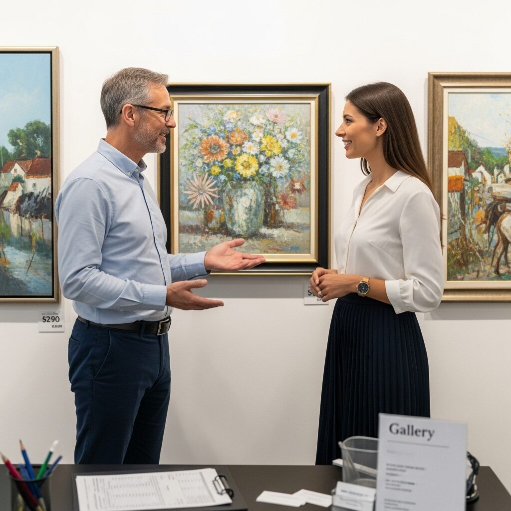 Art collector discussing pricing and payment options with gallery owner, demonstrating professional negotiation strategies