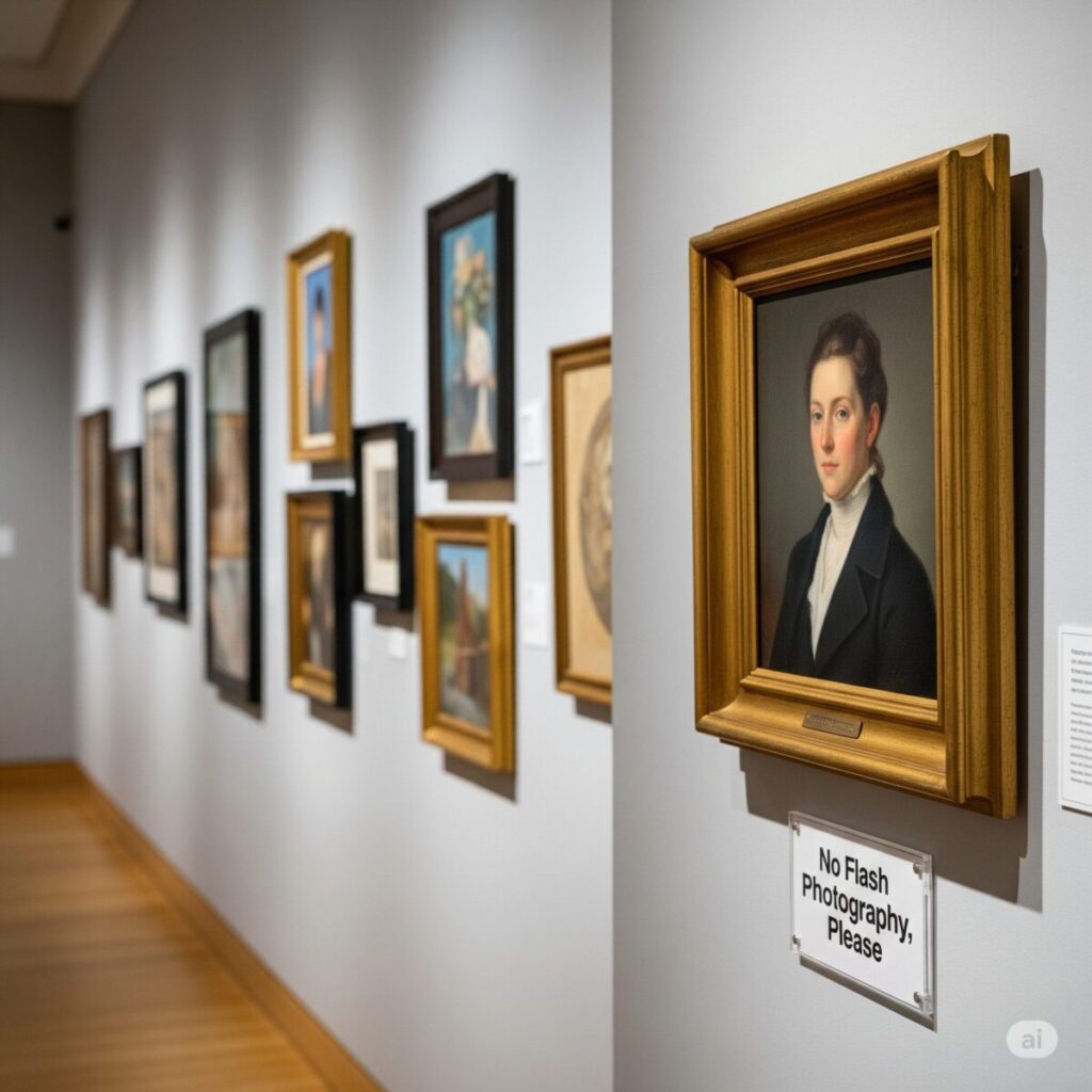 The Ultimate Guide to Art Gallery Etiquette for Beginners 5 A sign in an art gallery politely indicating 'No Flash Photography,' an important part of art gallery etiquette for beginners