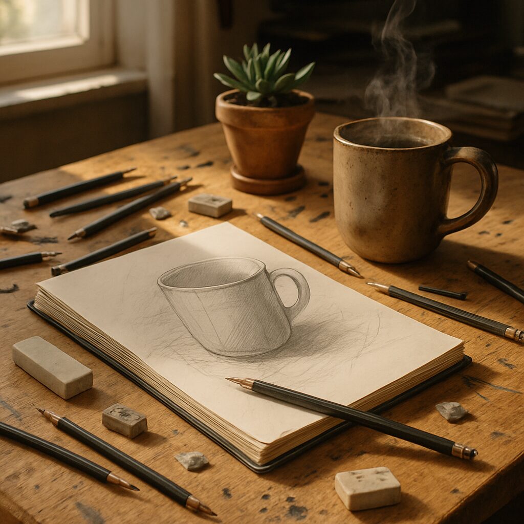 Unlock Your Inner Artist: A Guide to Daily Drawing Prompts 3 Daily Drawing Prompts: A close-up of a cluttered desk with drawing tools, a coffee mug, and a plant, rendered in a realistic observational drawing style, emphasizing light and shadow.