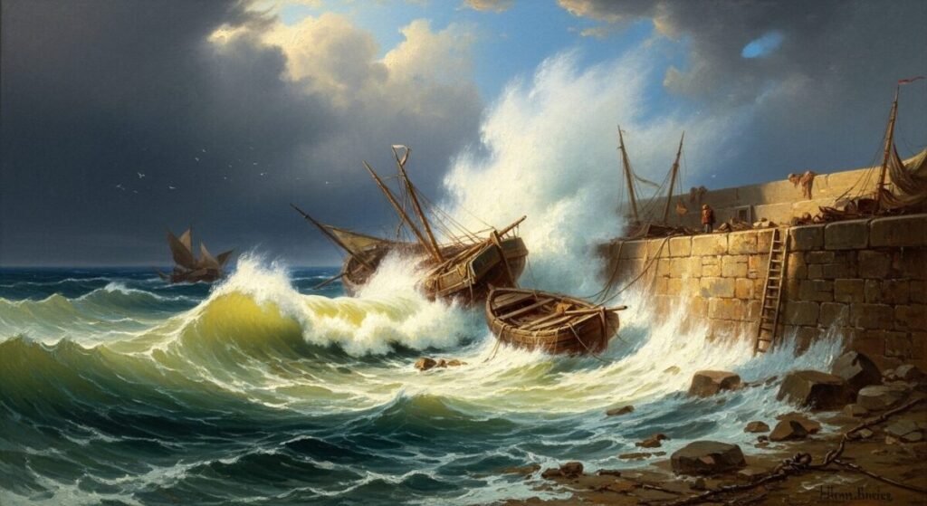 Oil Painting for Beginners: Your Complete Guide to Getting Started 9 amazing oil painting of waves crashing into a harbour wall with boats smashed against the wall