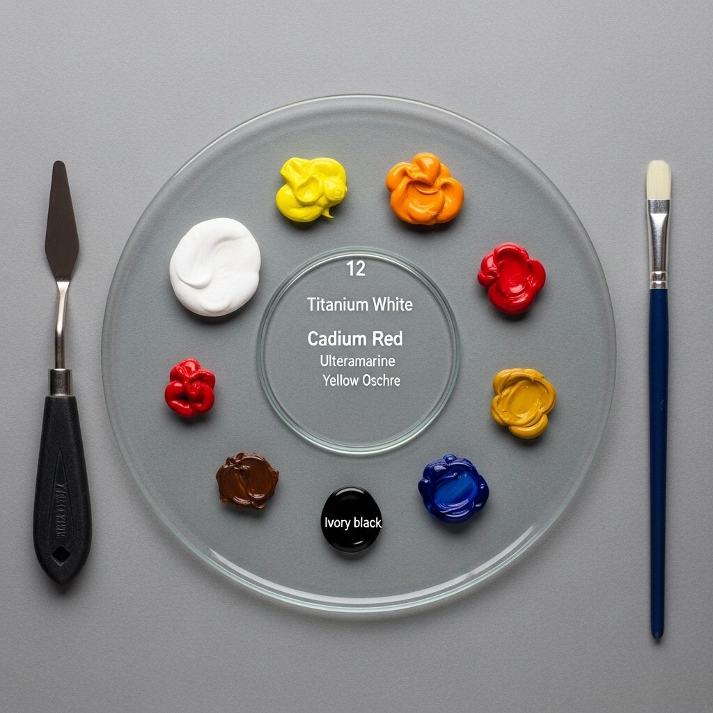 Oil Painting for Beginners: Your Complete Guide to Getting Started 6 Properly arranged oil painting palette showing color placement from light to dark with mixing area in center for beginner artists