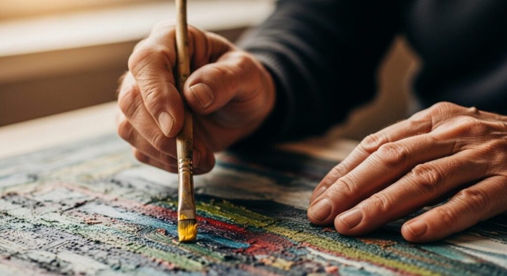 An older person's hands holding a paintbrush and painting on a canvas, symbolizing that it's never too late to become an artist.