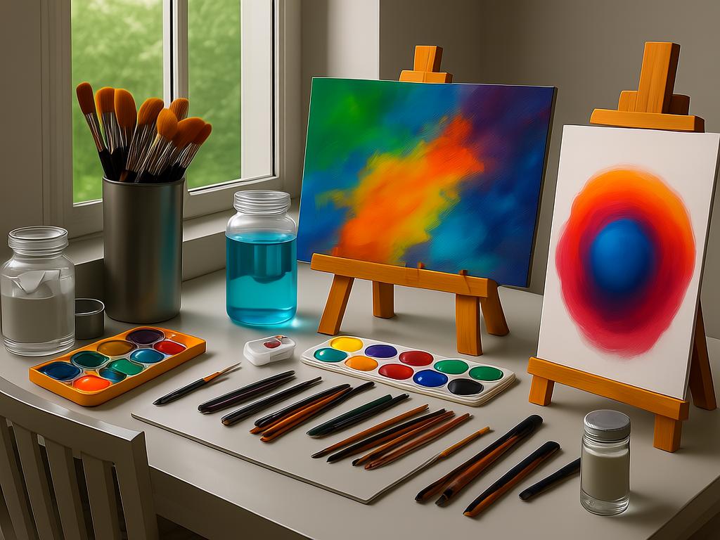 Acrylic Painting Tools: The Complete Beginner's Guide for 2025 8 A well-organized and brightly lit acrylic painting workspace showing brushes stored upright, a two-jar water station, and an easel