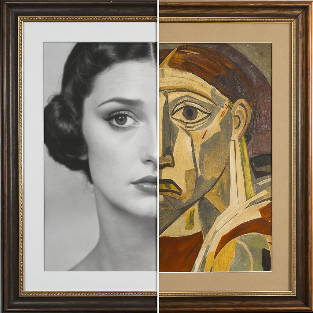 What is an Artist's Muse? The Secret Spark Behind the Masterpiece 5 A split image showing a black and white photo of Dora Maar next to Pablo Picasso's famous cubist painting, "Weeping Woman," inspired by her.