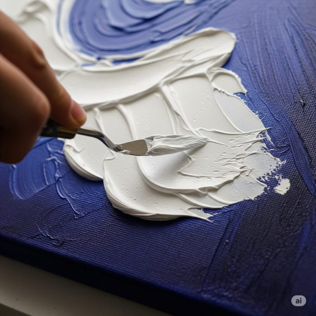 Acrylic Painting Tools: The Complete Beginner's Guide for 2025 7 An artist using a metal palette knife to apply thick, textured white acrylic paint onto a canvas, demonstrating the impasto technique.