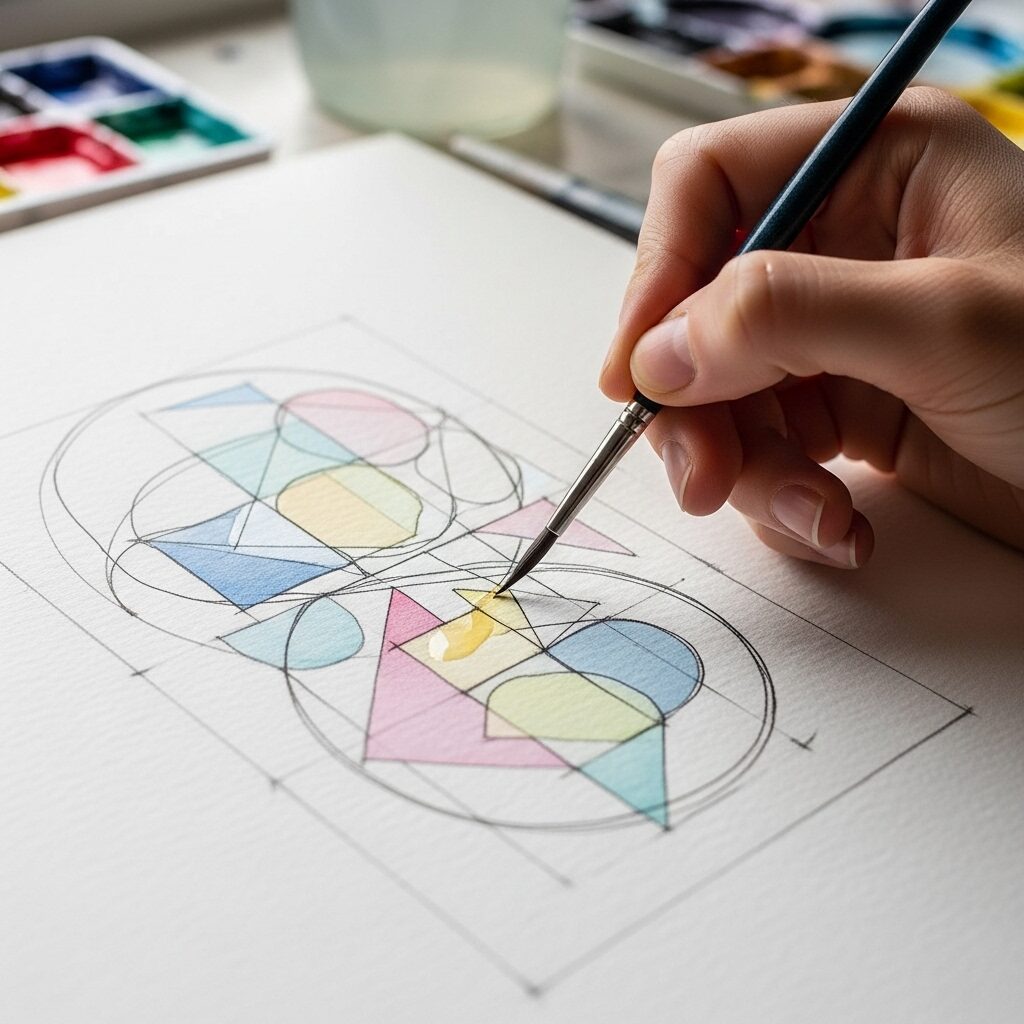 Beyond the Serious: Exploring Paul Klee's Whimsical Art Style 6 A hand painting simple, geometric abstract shapes with delicate lines and transparent watercolor layers, characteristic of Paul Klee's experimental technique