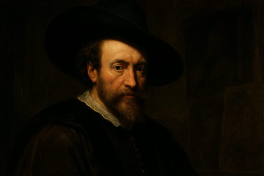 5 Famous Artists Who Were Spies: A portrait of Baroque painter Peter Paul Rubens, one of the most famous artists who were spies, with dramatic lighting hinting at his secret life.