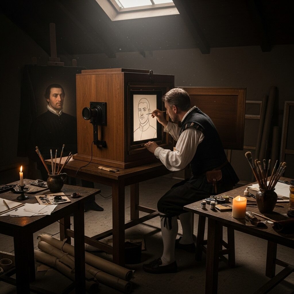 Camera Obscura in Art: The Secret Weapon Behind History's Greatest Masterpieces 4 A detailed illustration or photograph of a portable camera obscura box with a lens at one end and a frosted glass screen or drawing paper inside. An artist's hand is shown tracing the projected image on the screen