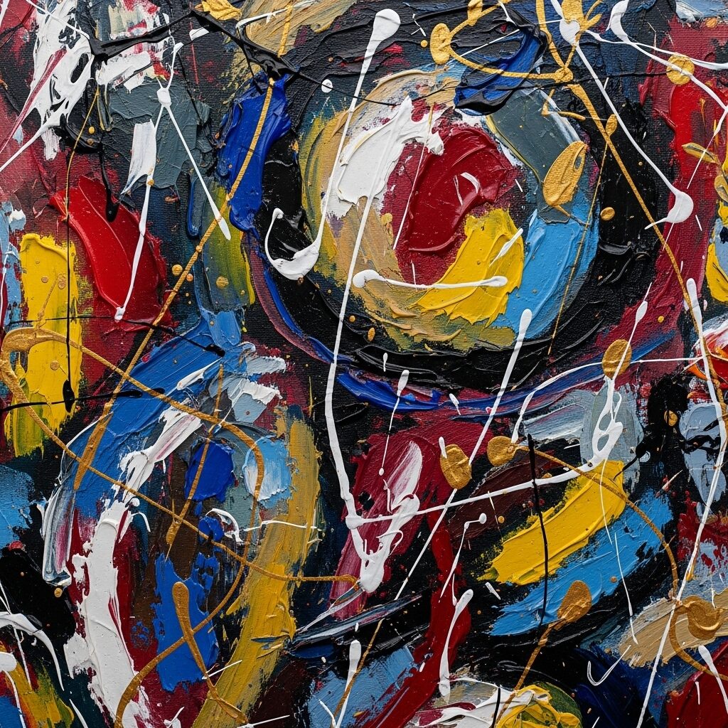  close-up of an Abstract Expressionist painting with bold, energetic brushstrokes and splatters of various colors, showing a sense of movement and raw emotion
