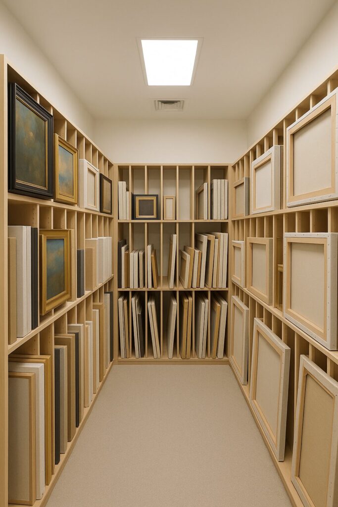 Art Conservation for Beginners: Your Complete Guide to Protecting Precious Artwork 6 A clean, organized art storage room or closet, with several framed and unframed canvases neatly stored vertically on custom-built racks