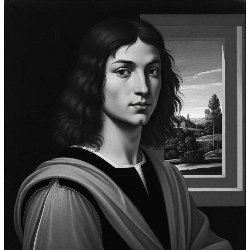 Echoes on the Wall: Famous Lost Paintings and the Stories Behind Their Disappearance 5 A black and white photograph of Raphael's Portrait of a Young Man, showing a confident young man with dark hair looking at the viewer.