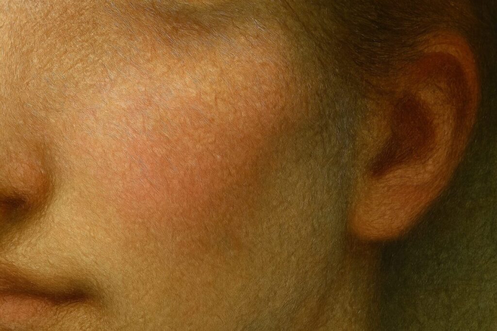 Unlocking Renaissance Secrets: A Beginner's Guide to Verdaccio Underpainting 7 detailed macro shot of a finished oil portrait, focusing on the realistic skin texture and subtle color variations achieved with verdaccio underpainting.