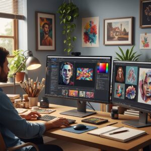 Artist reimagining art with artificial intelligence using AI art generator on computer screen showing digital painting creation process