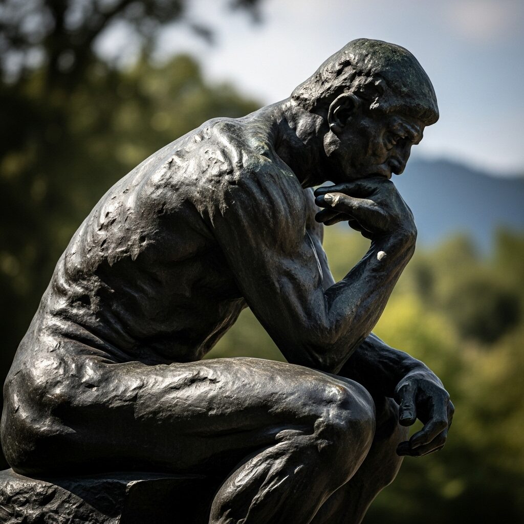 Side view of Auguste Rodin's bronze sculpture The Thinker, depicting a man in deep contemplation with a textured surface