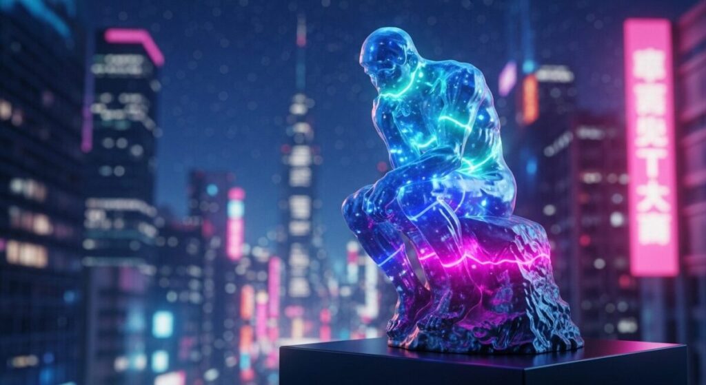 Reimagining Classic Sculptures: The Ultimate Guide to Redefining 3D Art in the Modern Age 4 Rodin’s The Thinker reimagined as a neon-lit 3D-printed sculpture in a futuristic urban setting, showcasing the power of modern technology.