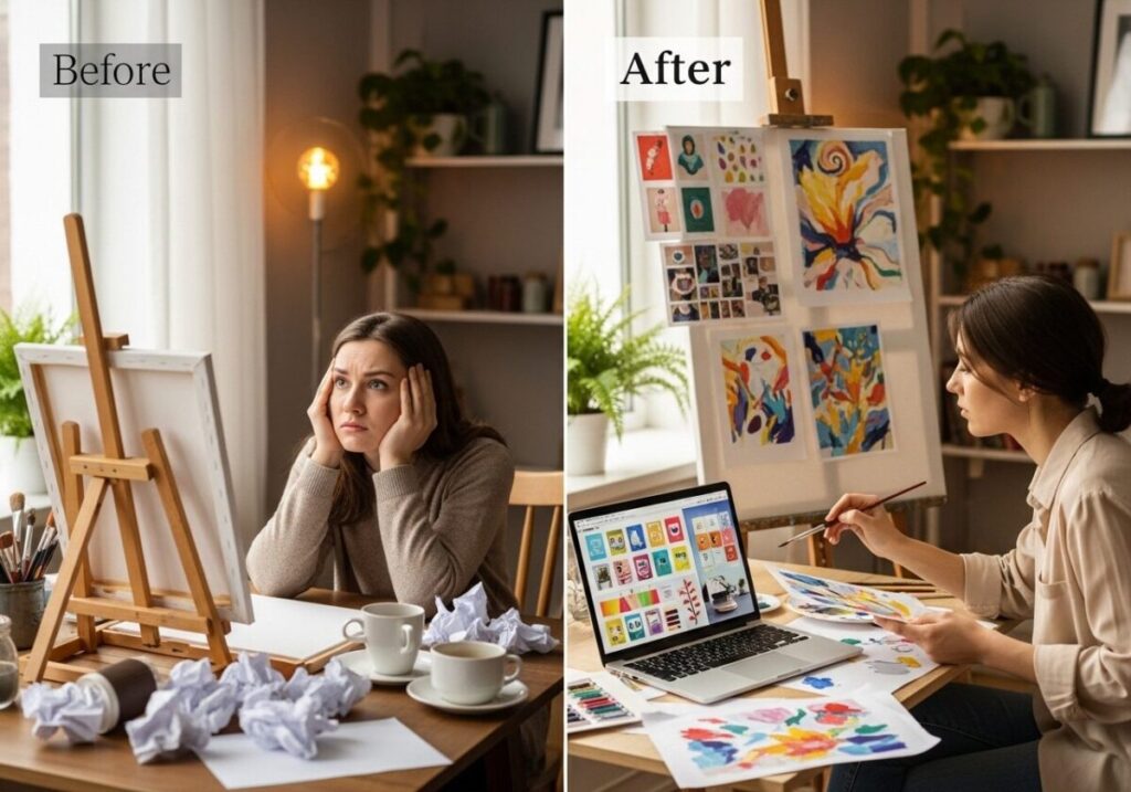 Artist finding creative inspiration using clip art resources to overcome artistic block