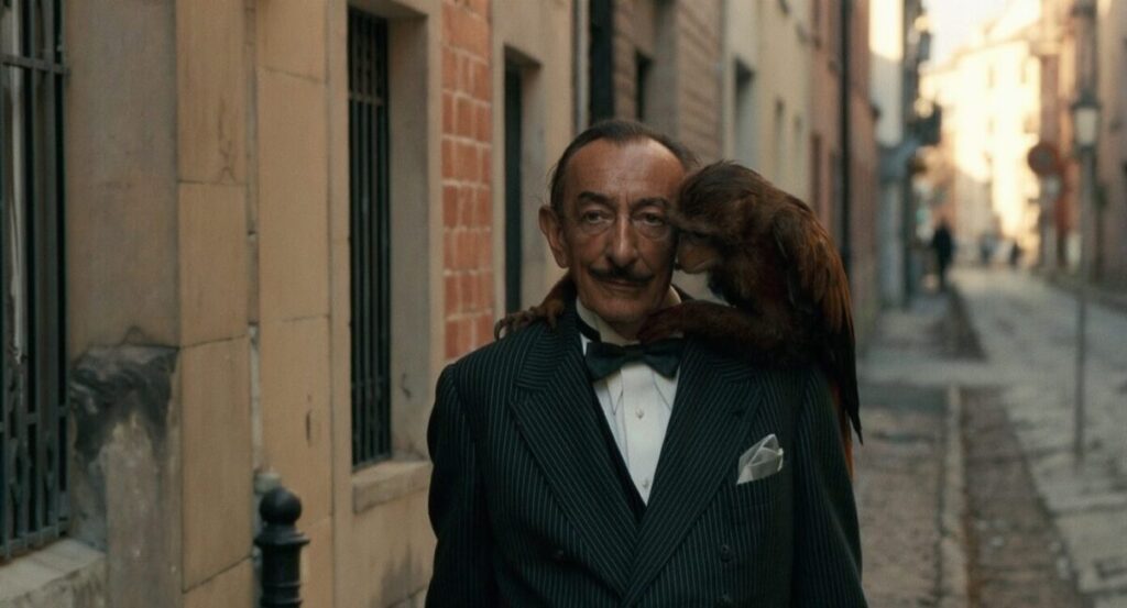Unveiling a Hidden Muse: Famous Artists' Pets 3 black and white photograph of the surrealist artist Salvador Dalí walking his pet ocelot, Babou, on a leash in a city setting.