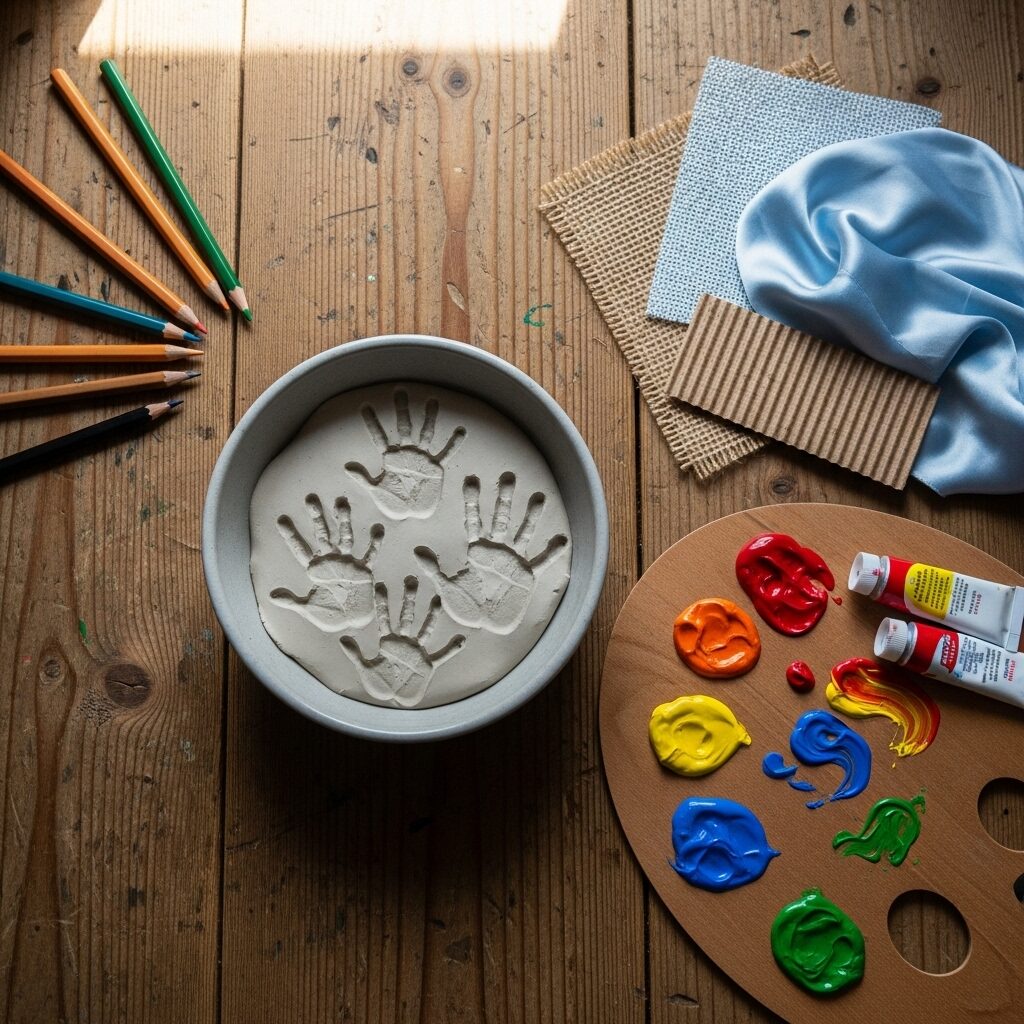 Neurodivergent Artistic Expression: Seeing the World Differently 4 An overhead view of sensory art supplies, including clay, finger paints, and different textures, for neurodivergent art techniques