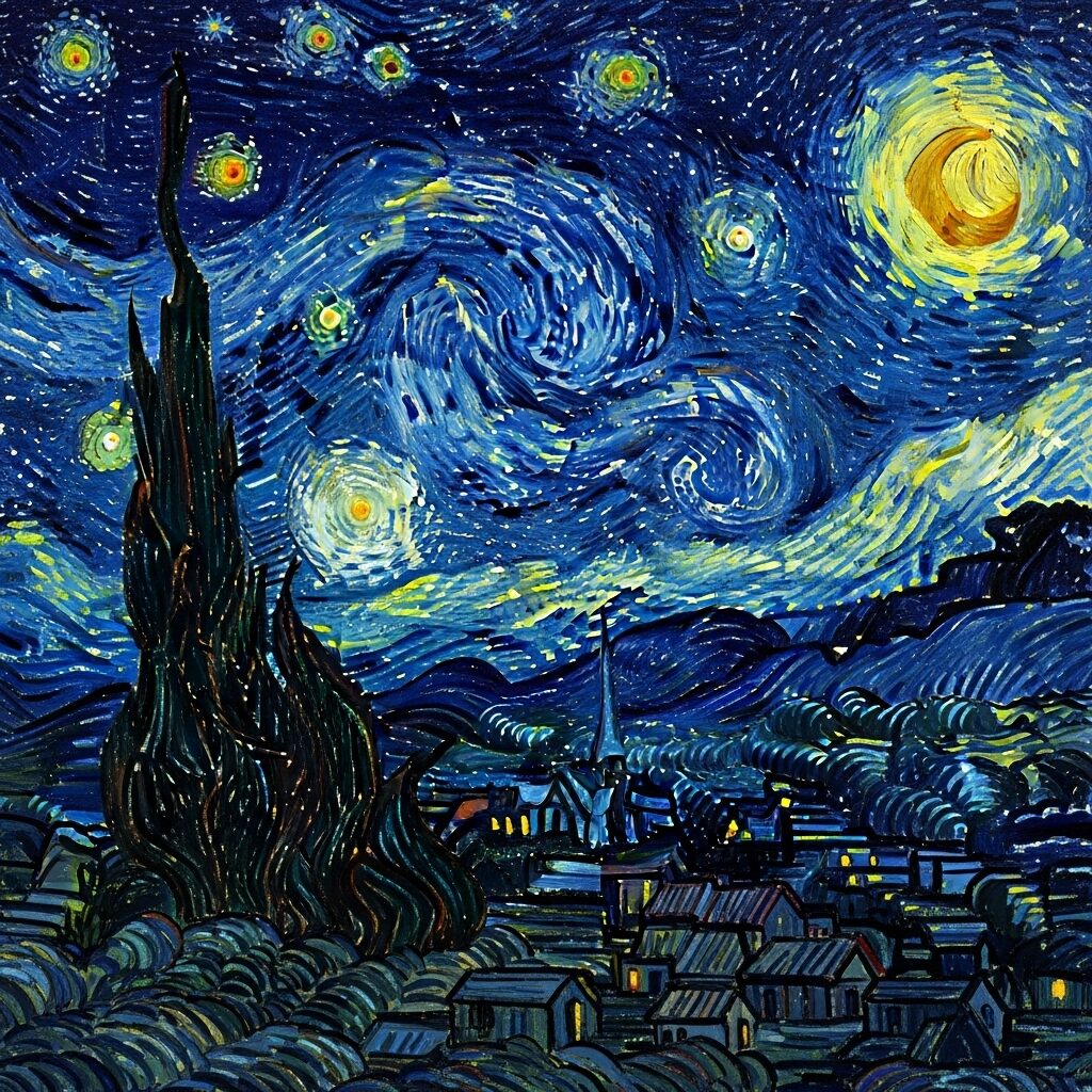 A photorealistic recreation of Van Gogh's The Starry Night, reimagined as a real photograph of a galaxy over a village.