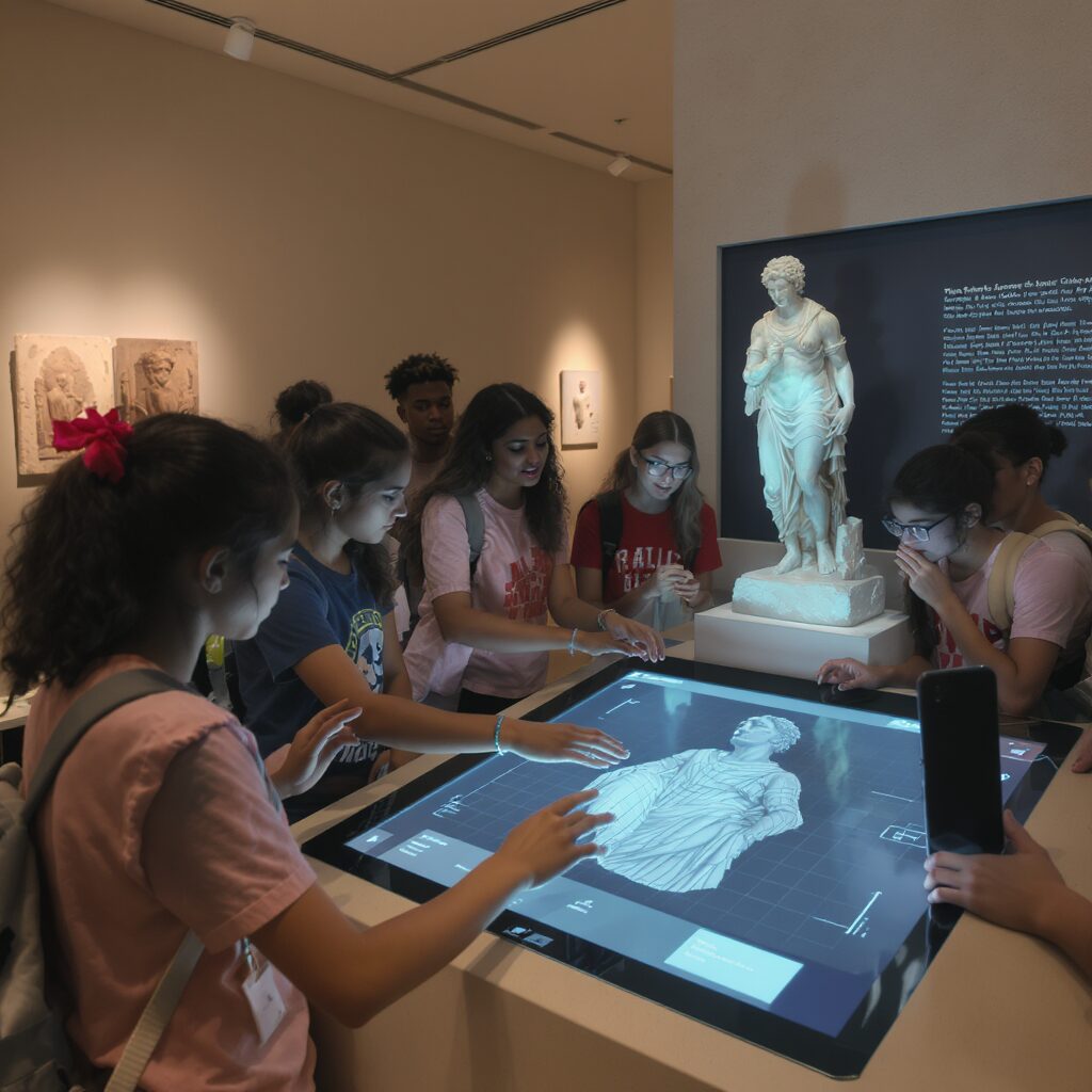Students interacting with a digital display in a museum that uses AI to provide an immersive experience of an artwork, showcasing how AI helps in the preservation of art for educational purposes.