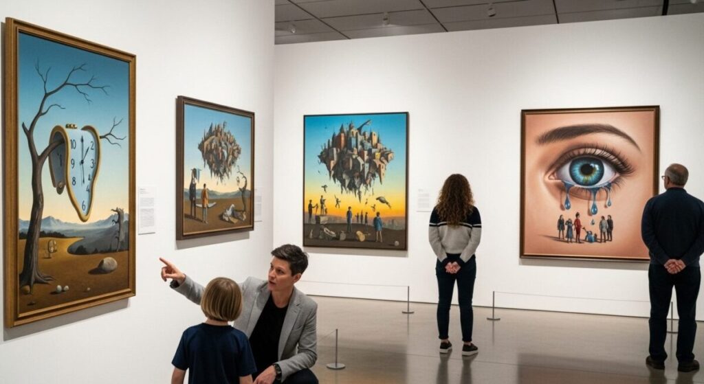 A Gallery of Iconic Surrealist Paintings: Masterpieces That Redefined Art 8 Modern art museum gallery displaying famous surrealist paintings with visitors viewing the artwork
