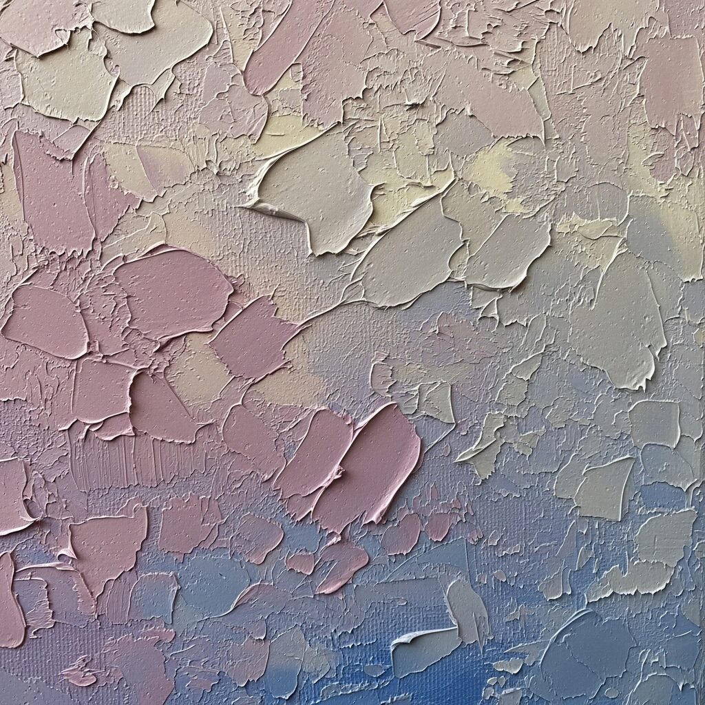 A very close-up shot of a painting section showing extreme impasto texture, with thick peaks and valleys of paint creating a three-dimensional surface, highlighting the physical presence of emotion.