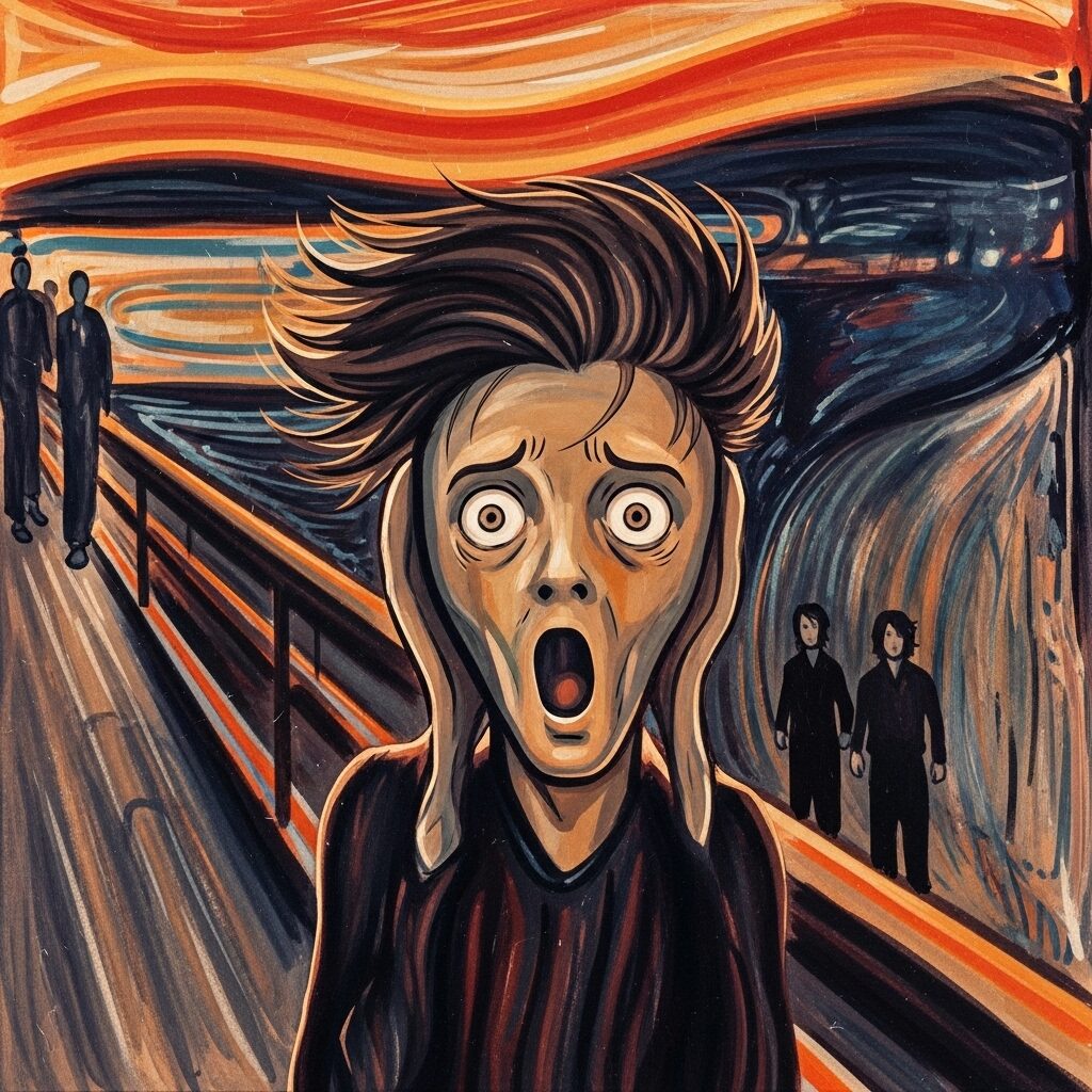 Edvard Munch's The Scream reimagined in a dramatic and colorful 1980s anime style, showing a classic art to anime style swap.