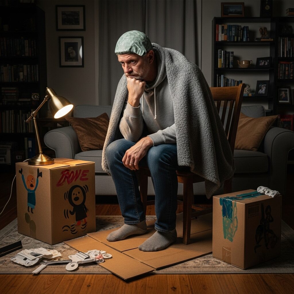 Reimagining Classic Sculptures: The Ultimate Guide to Redefining 3D Art in the Modern Age 6 A person recreating The Thinker using household items like a chair and blanket, capturing the fun of the sculpture recreation challenge.