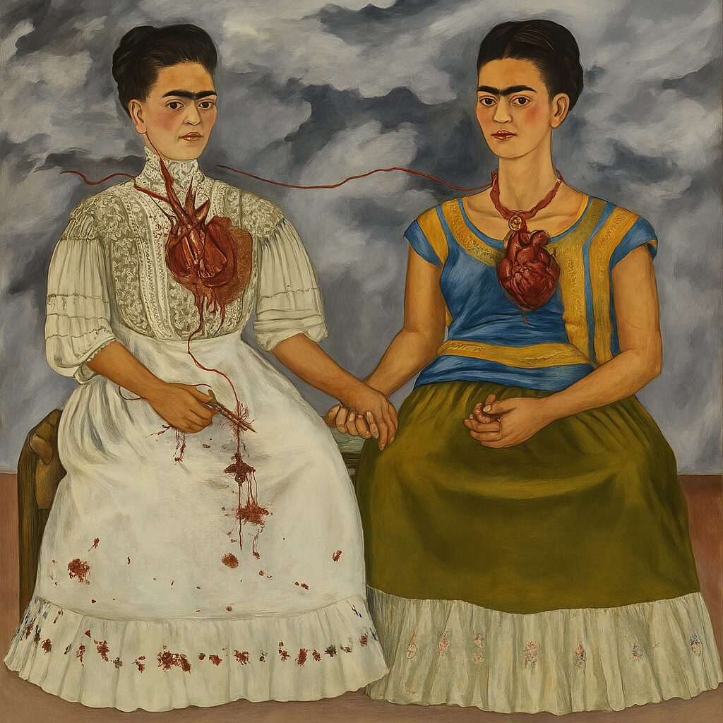 More Than a Muse: How Frida Kahlo Became a Feminist Icon 4 Frida Kahlo's painting "The Two Fridas," showing two versions of herself seated together, symbolizing her dual identity and emotional pain.