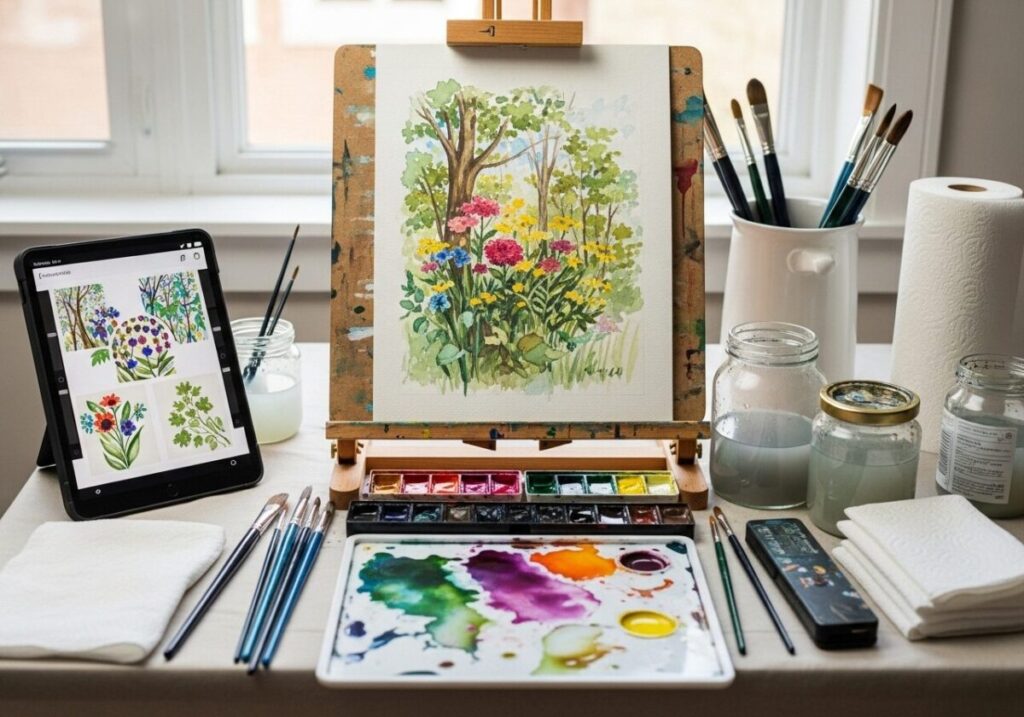 Traditional watercolor painting process enhanced by digital art inspiration resources and clip art references