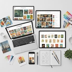 Collection of online art inspiration resources and clip art platforms displayed on multiple devices
