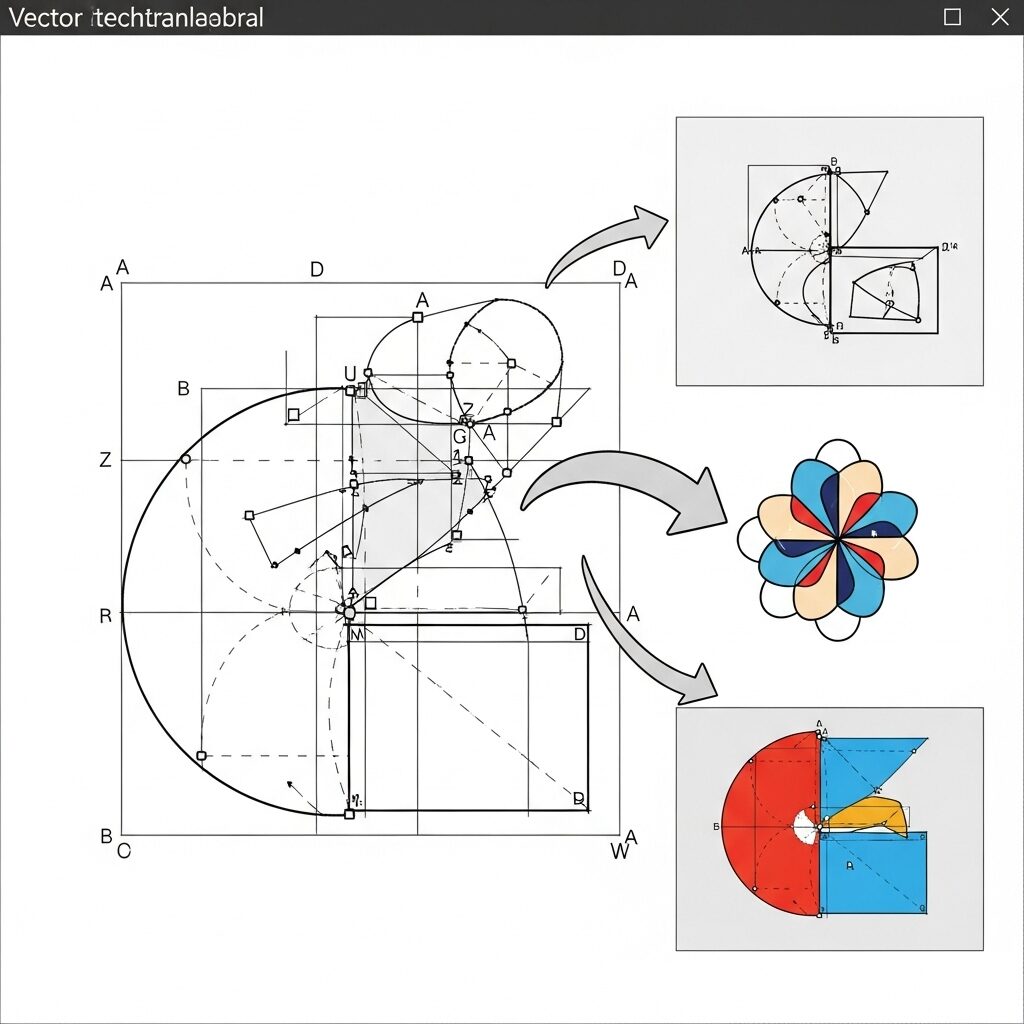 Vector art creation showing geometric shapes, anchor points, and mathematical curves being constructed