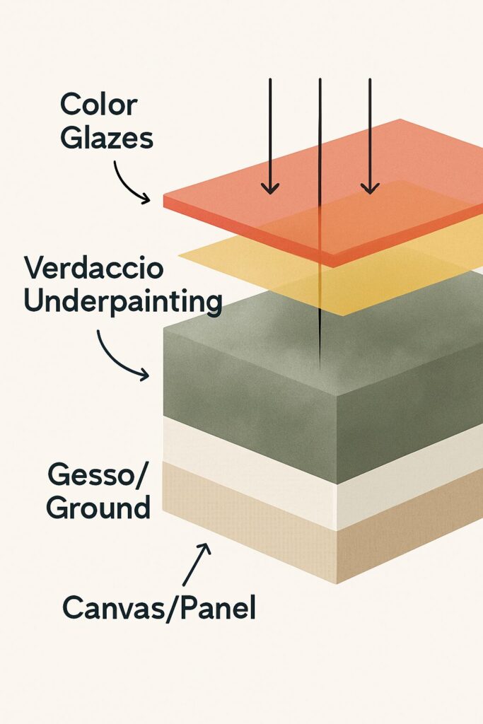 Unlocking Renaissance Secrets: A Beginner's Guide to Verdaccio Underpainting 6 An infographic diagram illustrating the different layers of a painting using the verdaccio technique, from the canvas to the final color glazes.