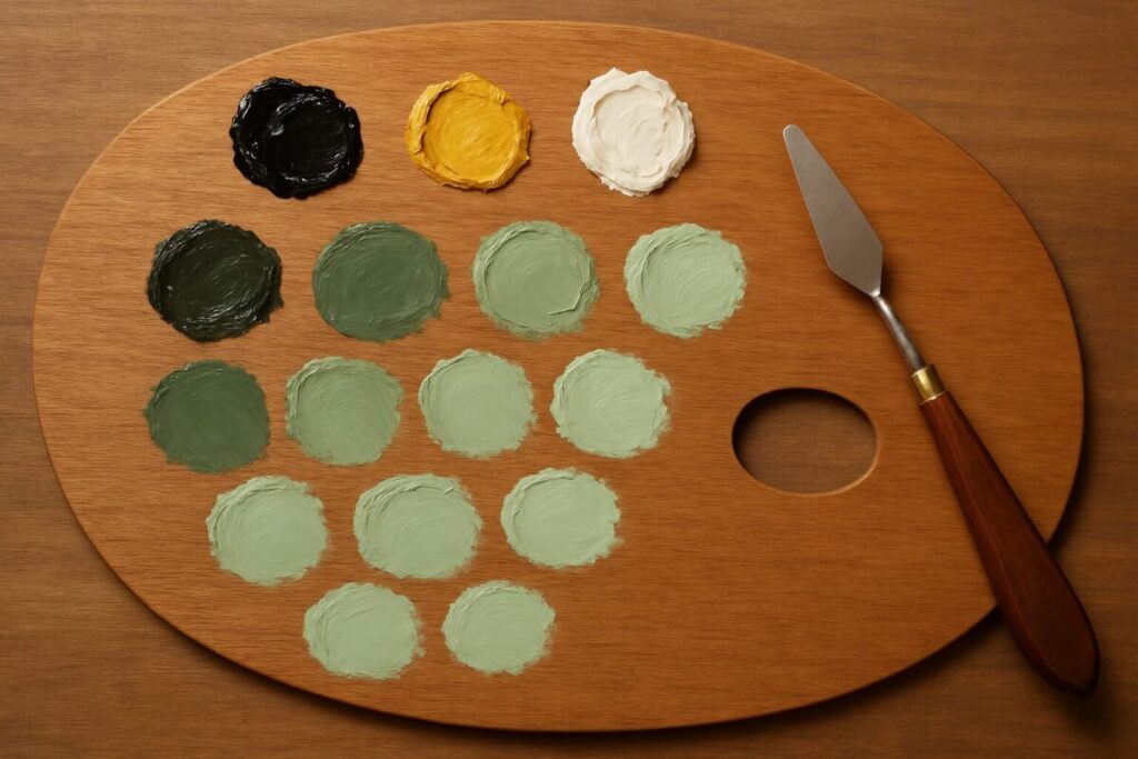 Unlocking Renaissance Secrets: A Beginner's Guide to Verdaccio Underpainting 4 An artist's wooden palette showing the mixed shades of greenish-gray paint used for a verdaccio underpainting, ranging from dark green to light mint.