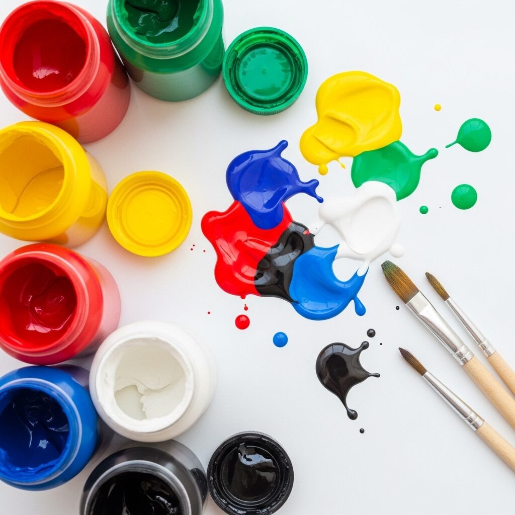 What Is Tempera Paint? A Secrets Guide for Beginners and Kids 4 What is tempera paint? A colorful array of non-toxic tempera paints in bottles, perfect for kids' art projects and crafts.