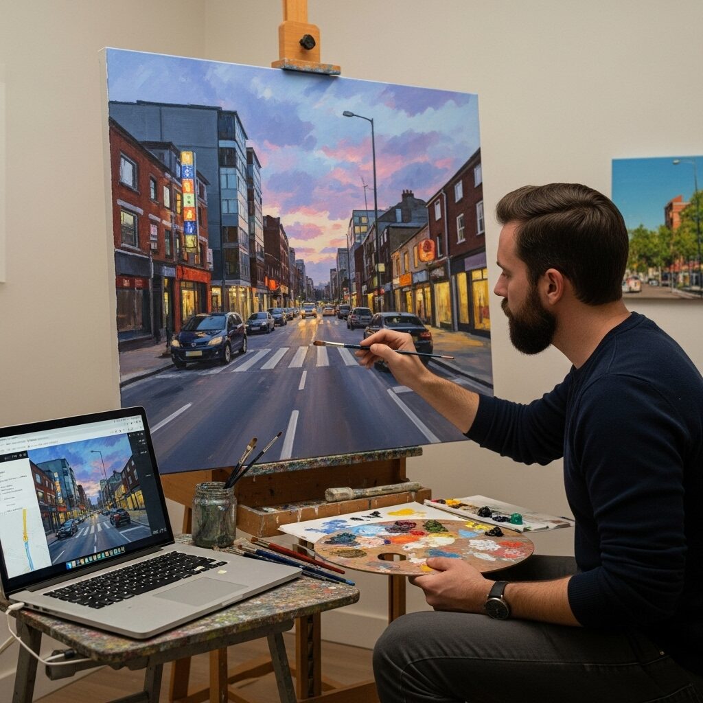 From Navigation to Canvas: Discovering the World of Google Maps Art 4 Artist painting landscape on canvas while referring to Google Street View on computer screen