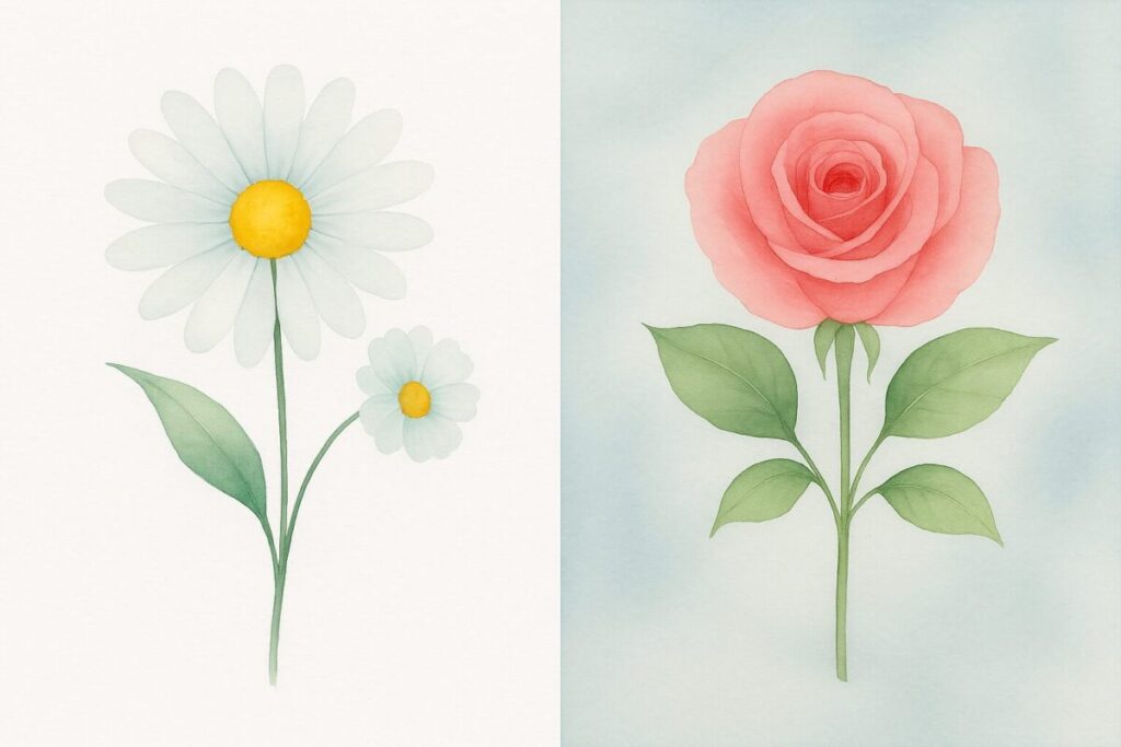 Watercolor flowers showing difference between white background and soft colored background